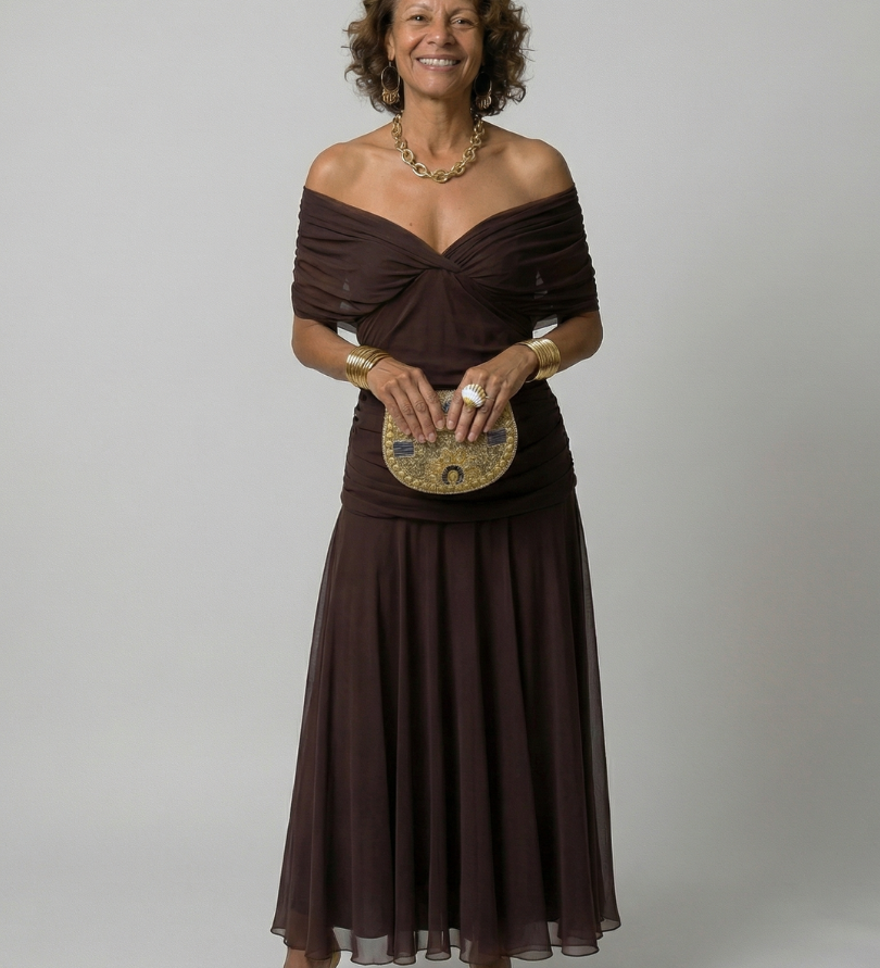Calen | Robe Midi Décontractée à Épaules Dénudées