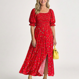 Delphine | Robe Midi à Manches Bouffantes et Décolleté Carré à Fleurs