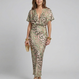 Coralie | Robe Midi à Imprimé Abstrait avec Décolleté en V et Taille Tordue