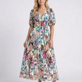 Eulalie | Robe midi à manches courtes et taille froncée en V