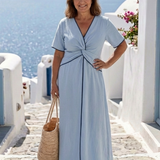 Eirene | Robe Midi à Manches Courtes en V avec Détail Torsadé