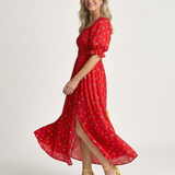 Delphine | Robe Midi à Manches Bouffantes et Décolleté Carré à Fleurs