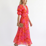 Willow | Robe Midi à Manches Bouffantes et Col V Floral