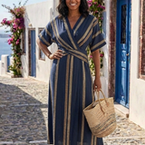 Saphira | Robe Midi Croisée Rayée à Manches Courtes en V