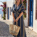 Saphira | Robe Midi Croisée Rayée à Manches Courtes en V