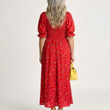 Delphine | Robe Midi à Manches Bouffantes et Décolleté Carré à Fleurs