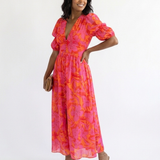 Willow | Robe Midi à Manches Bouffantes et Col V Floral