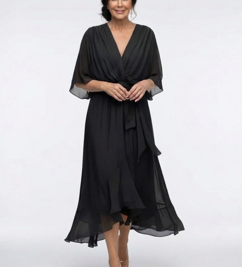 Elysia | Robe Midi Drapée à Encolure en V avec Ceinture