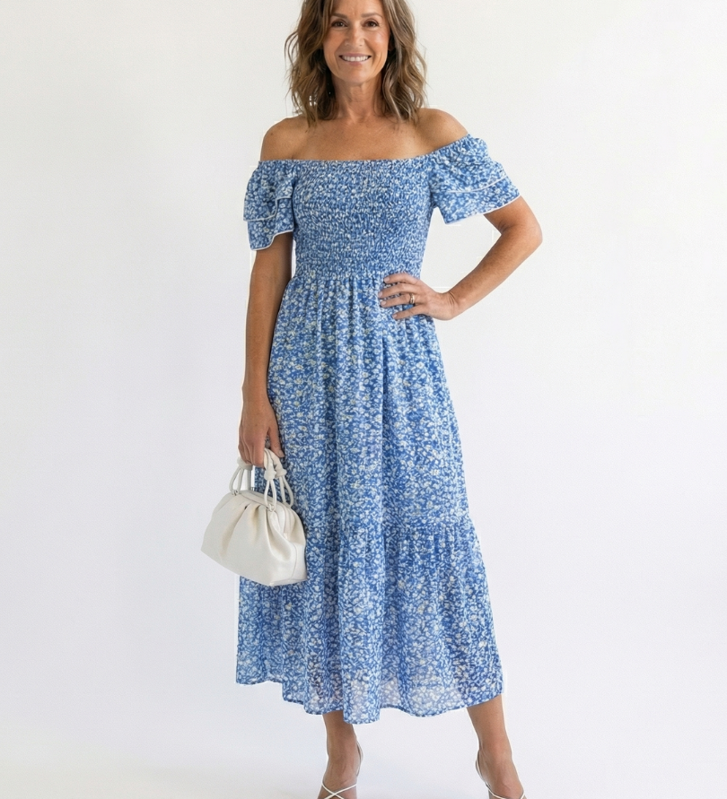 Odette | Robe Midi Florale à Épaules Nues
