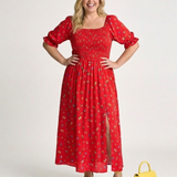 Delphine | Robe Midi à Manches Bouffantes et Décolleté Carré à Fleurs