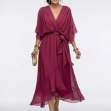 Elysia | Robe Midi Drapée à Encolure en V avec Ceinture