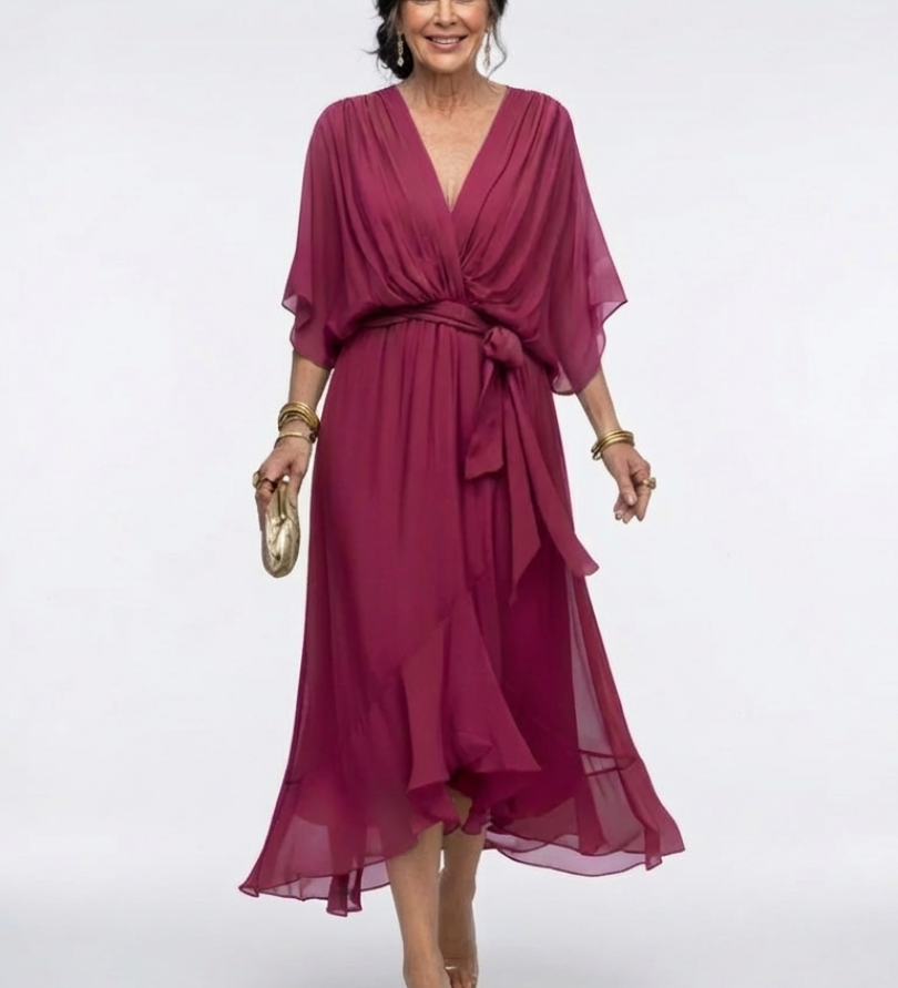Elysia | Robe Midi Drapée à Encolure en V avec Ceinture