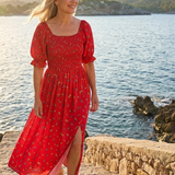 Delphine | Robe Midi à Manches Bouffantes et Décolleté Carré à Fleurs