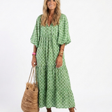 Apolline | Robe midi à manches trois quarts et décolleté en V à motifs