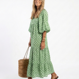 Apolline | Robe midi à manches trois quarts et décolleté en V à motifs