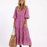 Apolline | Robe midi à manches trois quarts et décolleté en V à motifs