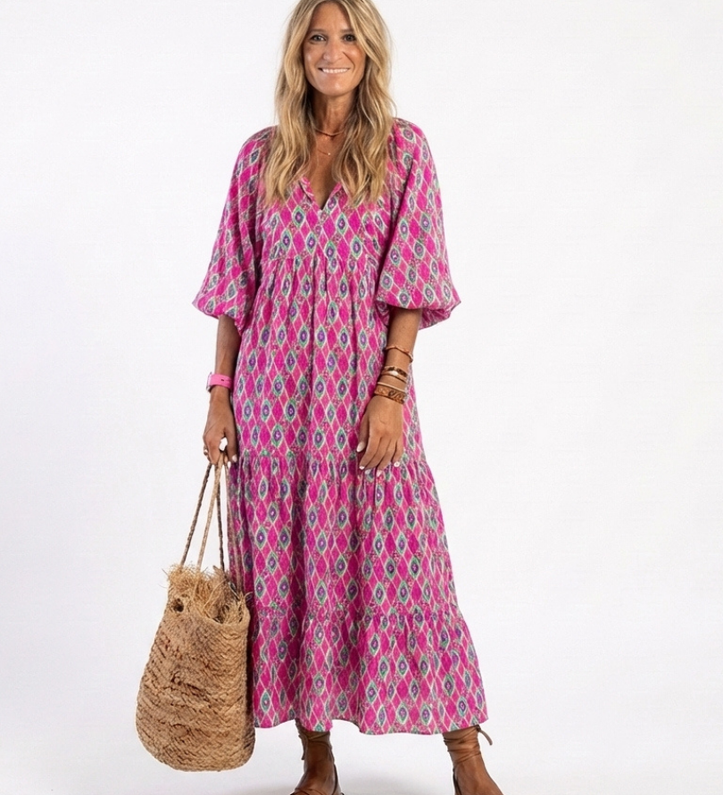 Apolline | Robe midi à manches trois quarts et décolleté en V à motifs