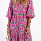 Apolline | Robe midi à manches trois quarts et décolleté en V à motifs