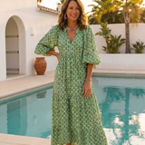 Apolline | Robe midi à manches trois quarts et décolleté en V à motifs