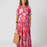 Ione | Robe midi à fleurs à manches courtes et décolleté en V