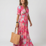 Ione | Robe midi à fleurs à manches courtes et décolleté en V