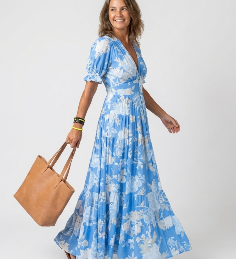 Ione | Robe midi à fleurs à manches courtes et décolleté en V
