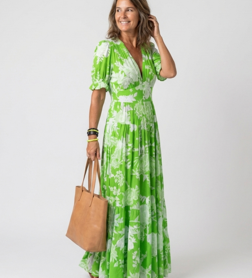 Ione | Robe midi à fleurs à manches courtes et décolleté en V