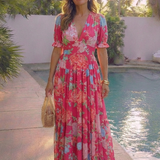 Ione | Robe midi à fleurs à manches courtes et décolleté en V