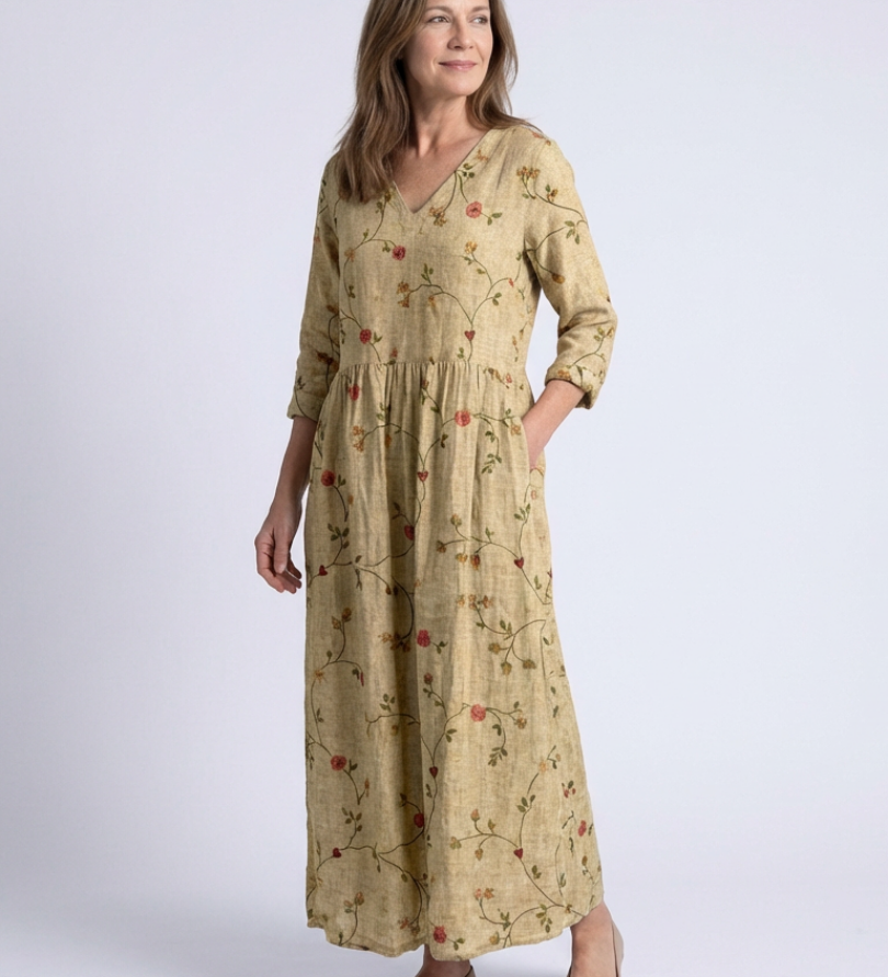 Marina | Robe Maxi à Manches Trois Quarts et Décolleté en V Floral