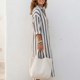 Naomi | Robe Chemise Midi à Manches Longues Rayée