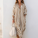 Naomi | Robe Chemise Midi à Manches Longues Rayée