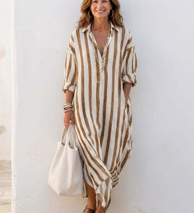 Naomi | Robe Chemise Midi à Manches Longues Rayée
