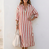Naomi | Robe Chemise Midi à Manches Longues Rayée