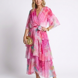 Calista | Robe maxi à décolleté en V, taille à nouer, en couches transparentes