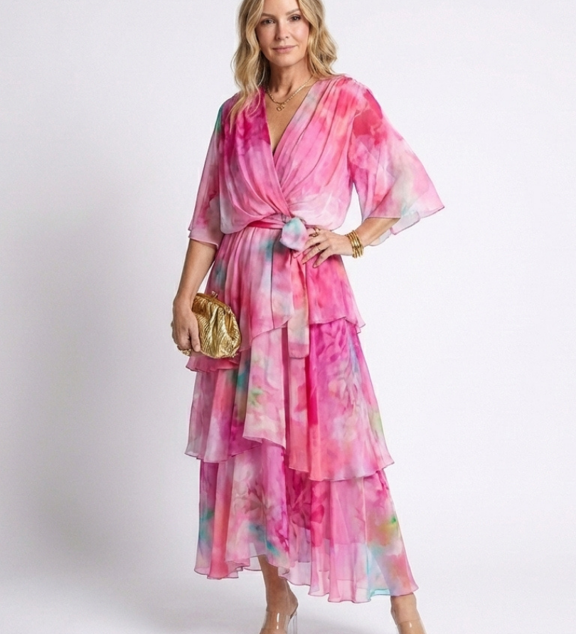 Calista | Robe maxi à décolleté en V, taille à nouer, en couches transparentes
