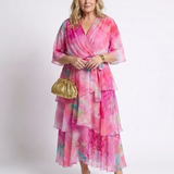 Calista | Robe maxi à décolleté en V, taille à nouer, en couches transparentes