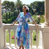 Calista | Robe maxi à décolleté en V, taille à nouer, en couches transparentes