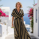 Lina | Robe Midi Rayée à Manches Courtes et Col V