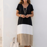Thalia | Robe Midi à Manches Courtes en Color Block avec Décolleté en V