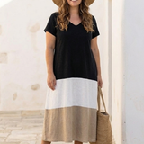 Thalia | Robe Midi à Manches Courtes en Color Block avec Décolleté en V