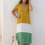 Thalia | Robe Midi à Manches Courtes en Color Block avec Décolleté en V