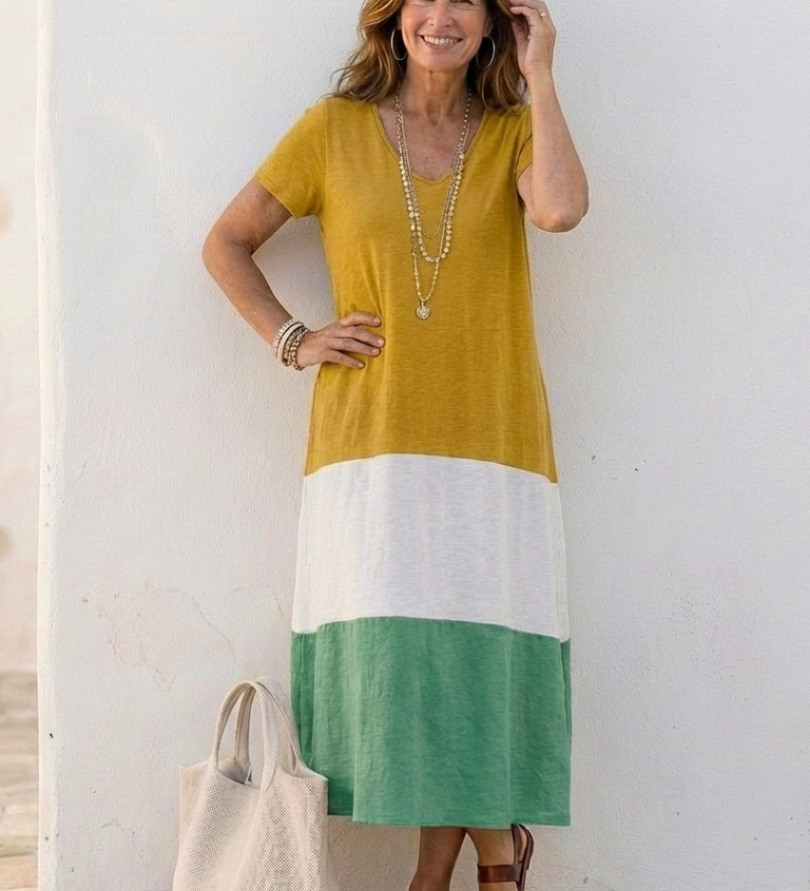 Thalia | Robe Midi à Manches Courtes en Color Block avec Décolleté en V