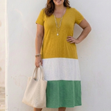 Thalia | Robe Midi à Manches Courtes en Color Block avec Décolleté en V