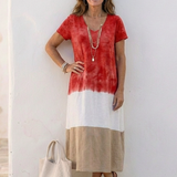 Thalia | Robe Midi à Manches Courtes en Color Block avec Décolleté en V