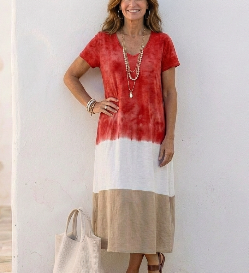 Thalia | Robe Midi à Manches Courtes en Color Block avec Décolleté en V