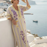Aurelia | Robe Maxi Fleurie Rayée à Col V et Manches Mi-Longues