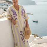 Aurelia | Robe Maxi Fleurie Rayée à Col V et Manches Mi-Longues