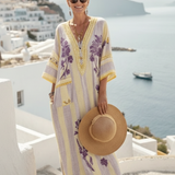Aurelia | Robe Maxi Fleurie Rayée à Col V et Manches Mi-Longues