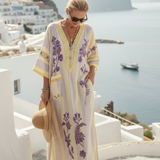 Aurelia | Robe Maxi Fleurie Rayée à Col V et Manches Mi-Longues