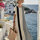 Elara | Robe Maxi à Col Rond et Manches Courtes Rayée